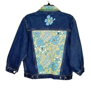 Girls Jean Jacket Spring Flowers Sequins Beads Ribbons Denim Size 7/8 M EUC